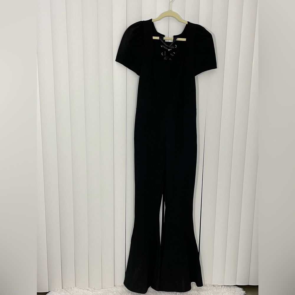WIDOW The Lady Short Puff Sleeve Ponte Jumpsuit Corset Back Flare Leg Black M